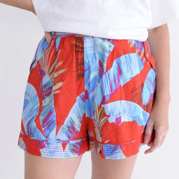 Farm Rio Red & Blue Floral Palm Tree 55% Linen Pull On High Waisted Shorts S - Picture 1 of 11
